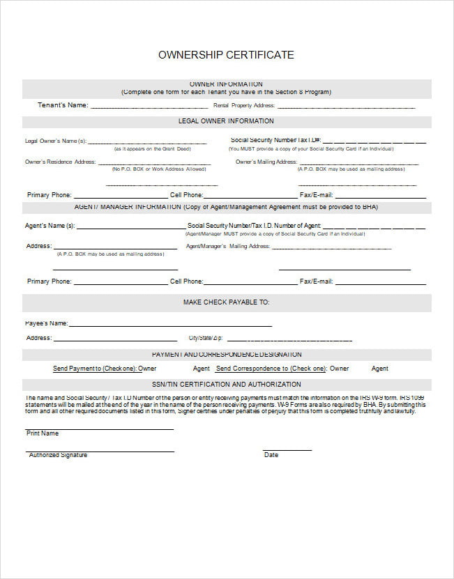 Certificate of Ownership Template Example