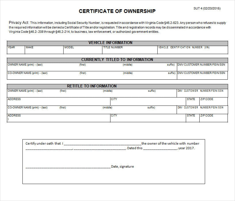 Certificate of Ownership Template Word