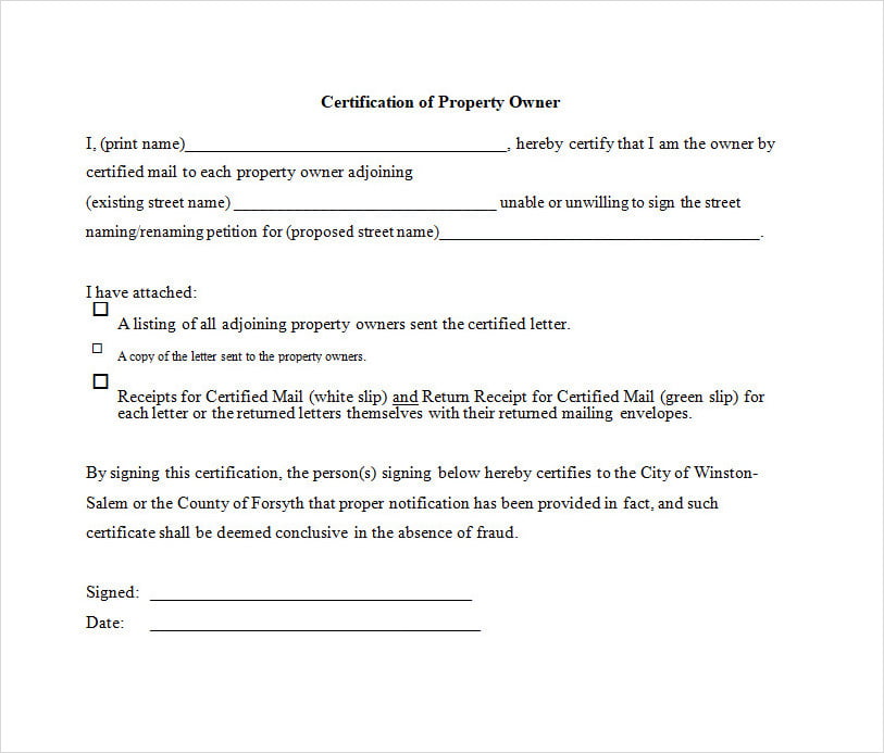 Certificate of Property Ownership Template Sample