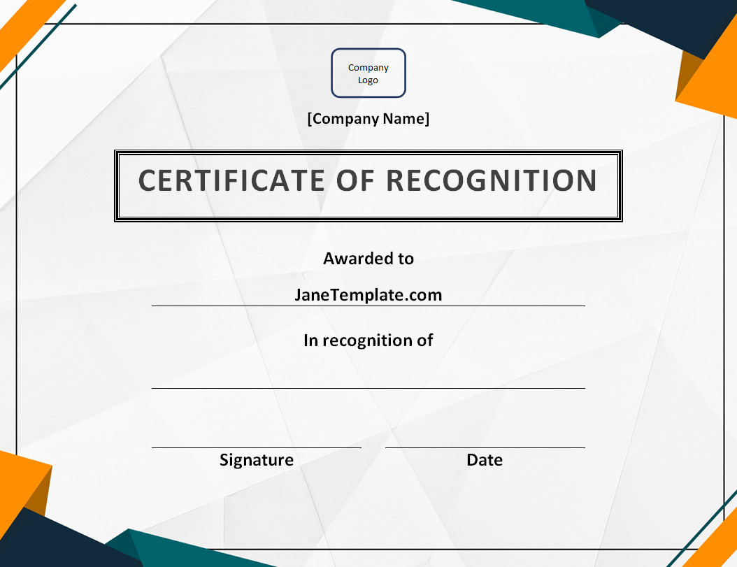 Elegant certificate of recognition template featuring a formal border, sections for recipient's name, reason for recognition, date, and signatures.