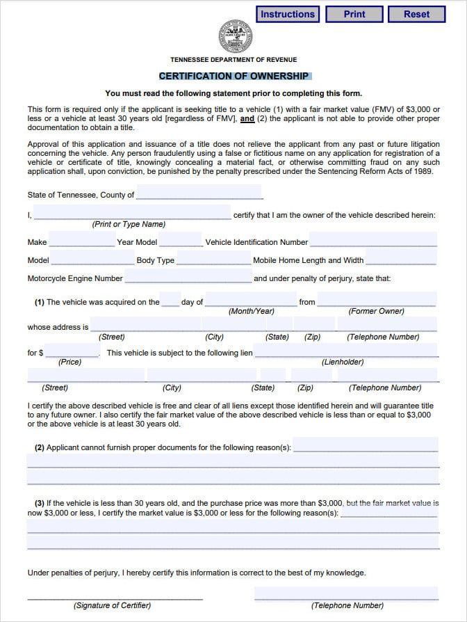 Certification of Ownership Form