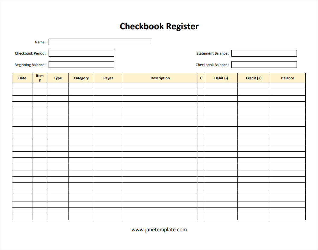 Sample Printable Blank Checkbook Register Template in Word and PDF Format.