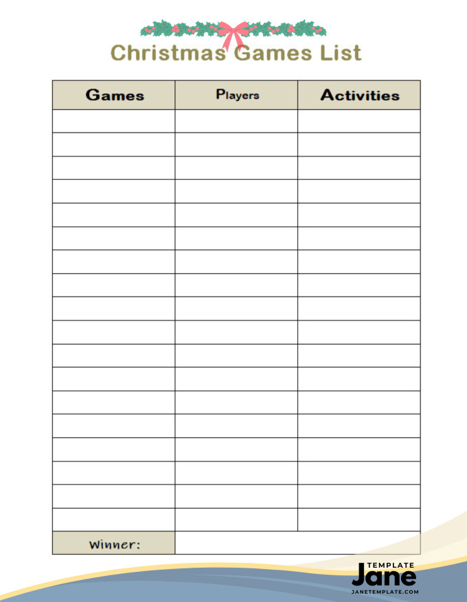 Sample Printable Blank Christmas Game List Template in Word and PDF Format.