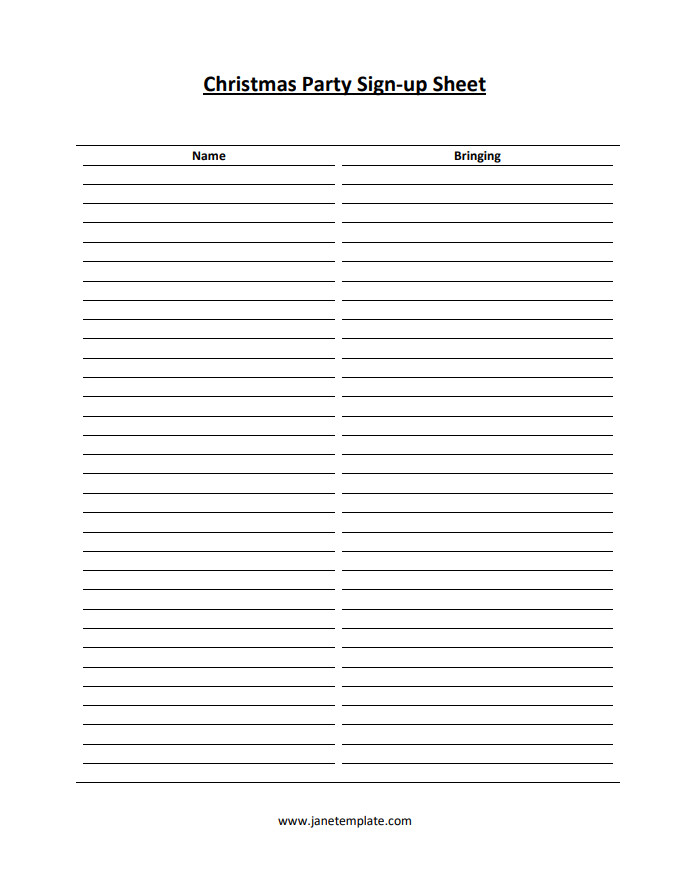 Christmas party sign-up sheet template with fields for guest names, contact information, and items they will bring.