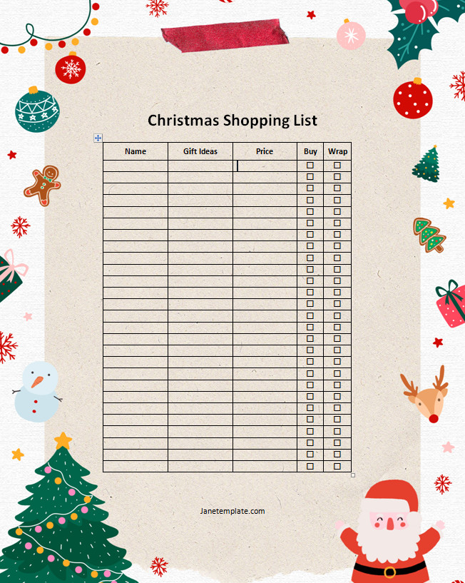 Festive Christmas Shopping List Template with sections for gift ideas and recipient names