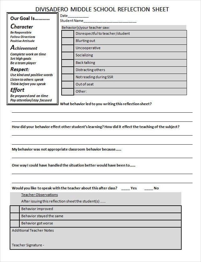 Classroom Behavior Reflection Form