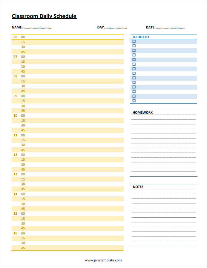 Professional classroom daily schedule template featuring customizable fields and colorful design