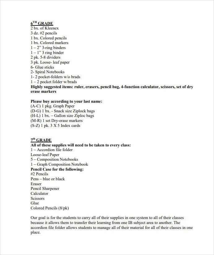 Classroom Supply List Template