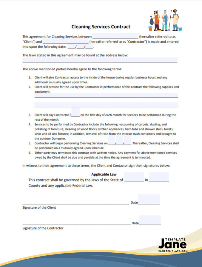 Sample of Printable Cleaning Services Contract Template in PDF Format.