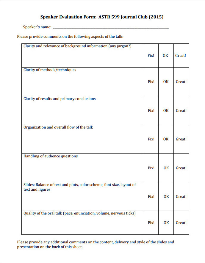 Club Speaker Evaluation Form