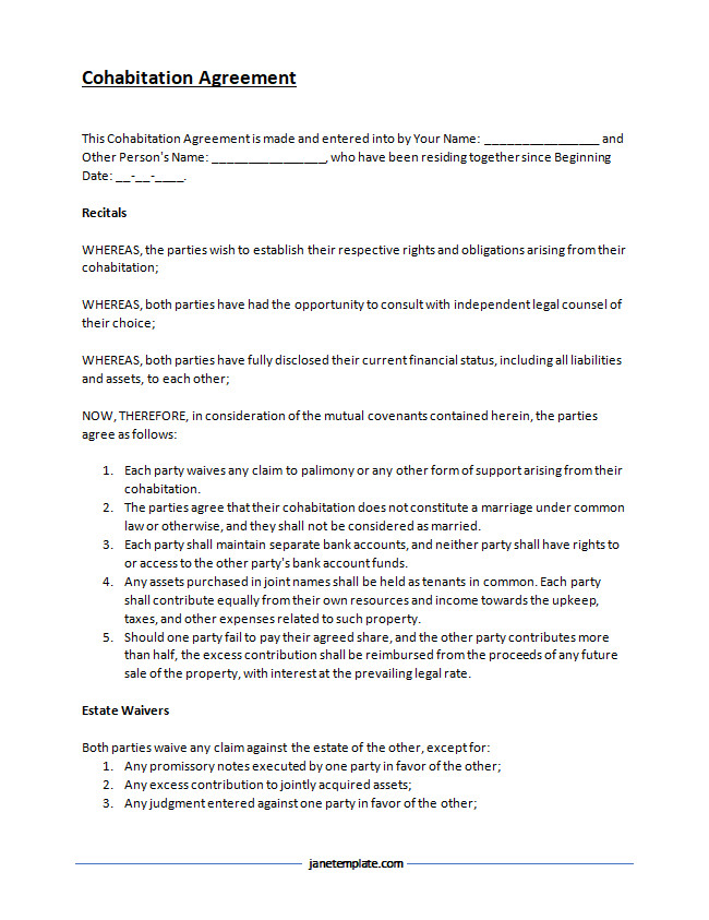 Printable cohabitation agreement template featuring fields for living arrangements, asset distribution, and dispute resolution.