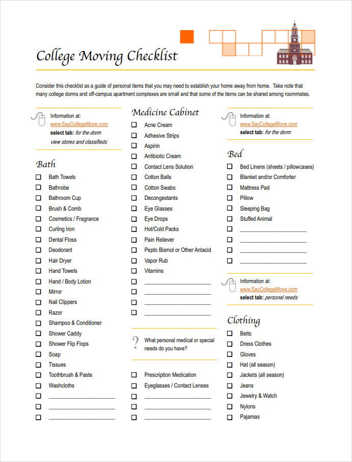 College Moving Checklist Template