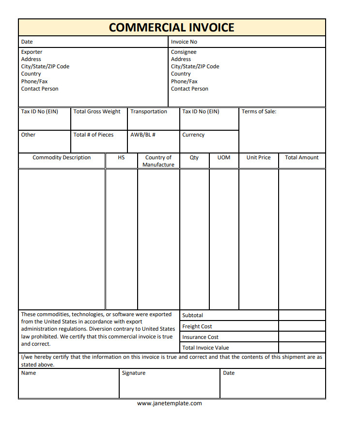 Printable Commercial Invoice Template