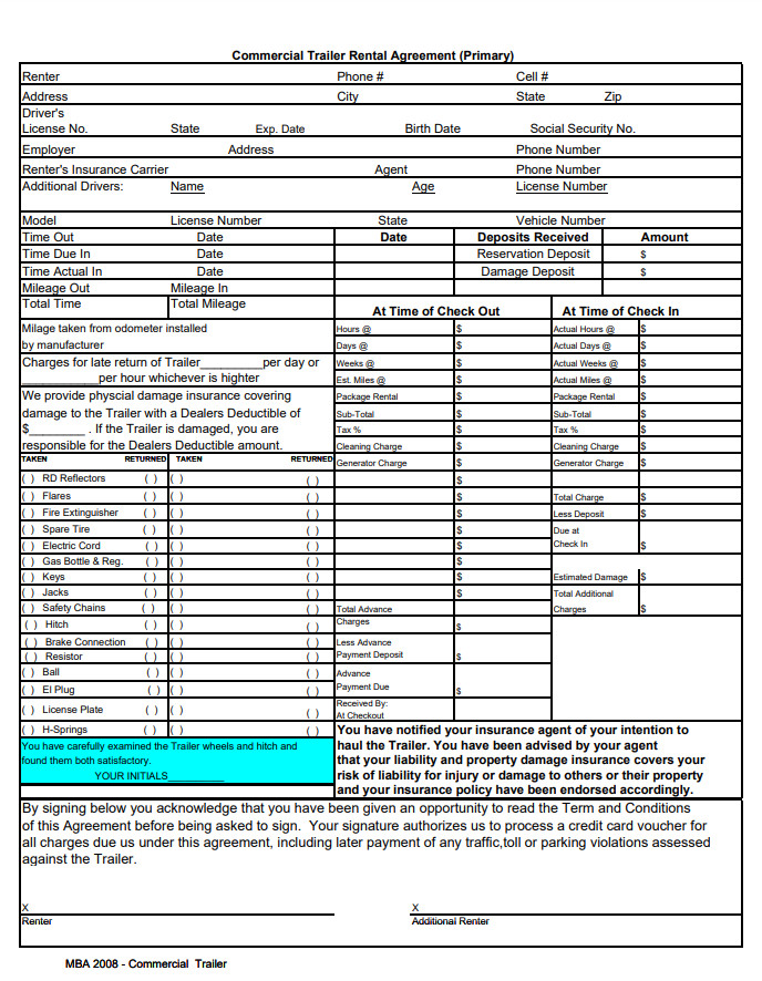 Commercial Trailer Rental Agreement Template