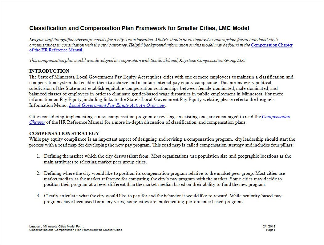 Compensation Plan Template for Small Cities