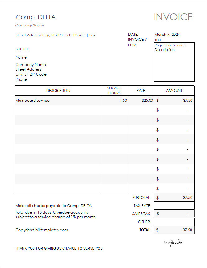 Computer Repair Invoice Template Excel