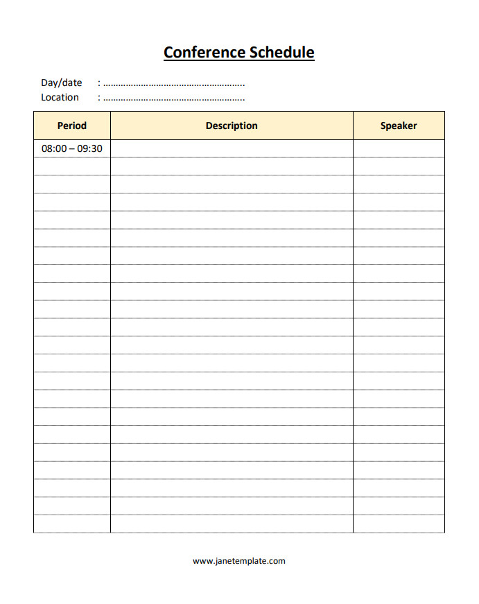 Professional conference schedule template with sections for registration, keynote addresses, and breakout sessions.