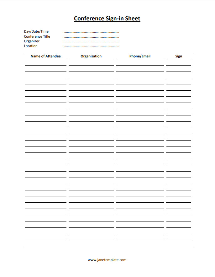 Customizable conference sign-in sheet template for recording participant details during conferences or events.