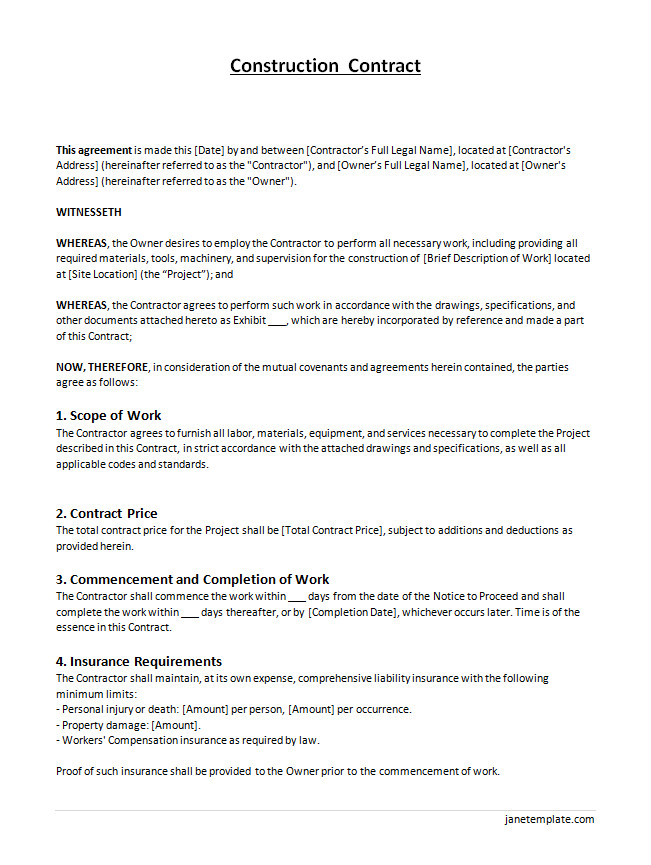 Sample Construction Contract Template Featuring Clauses for Contractor Responsibilities and Client Obligations