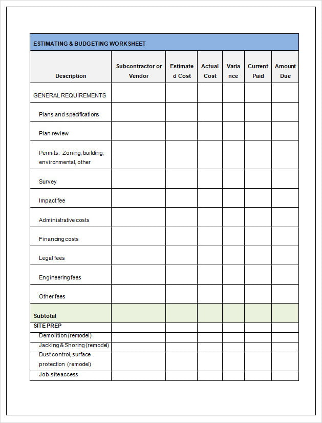 Construction Cost Estimate Template Word