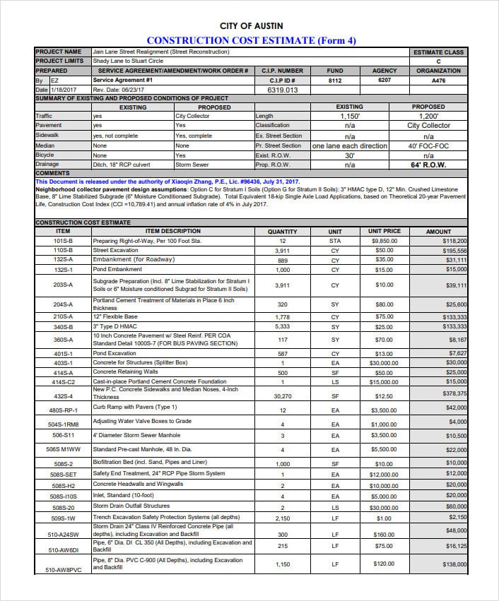 Construction Cost Estimate Template