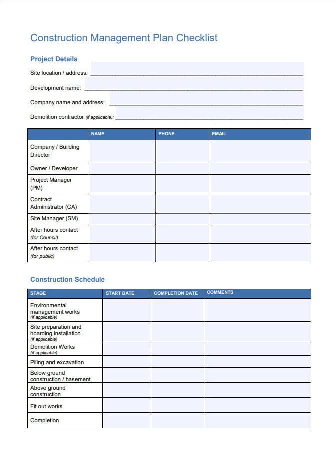 Construction Project Management Plan Checklist Template