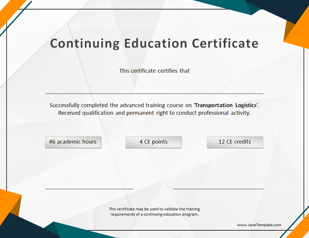 Elegant Continuing Education Certificate Template with space for recipient's name, course title, and completion date