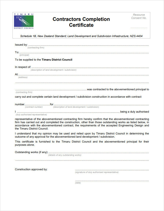 Contractors Work Completion Certificate Template