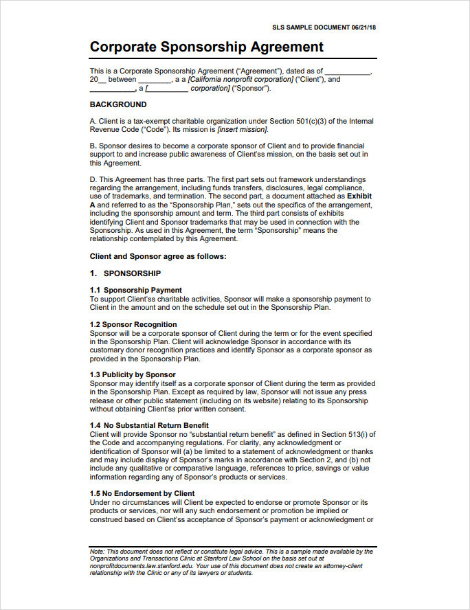 Corporate Sponsor Agreement Template