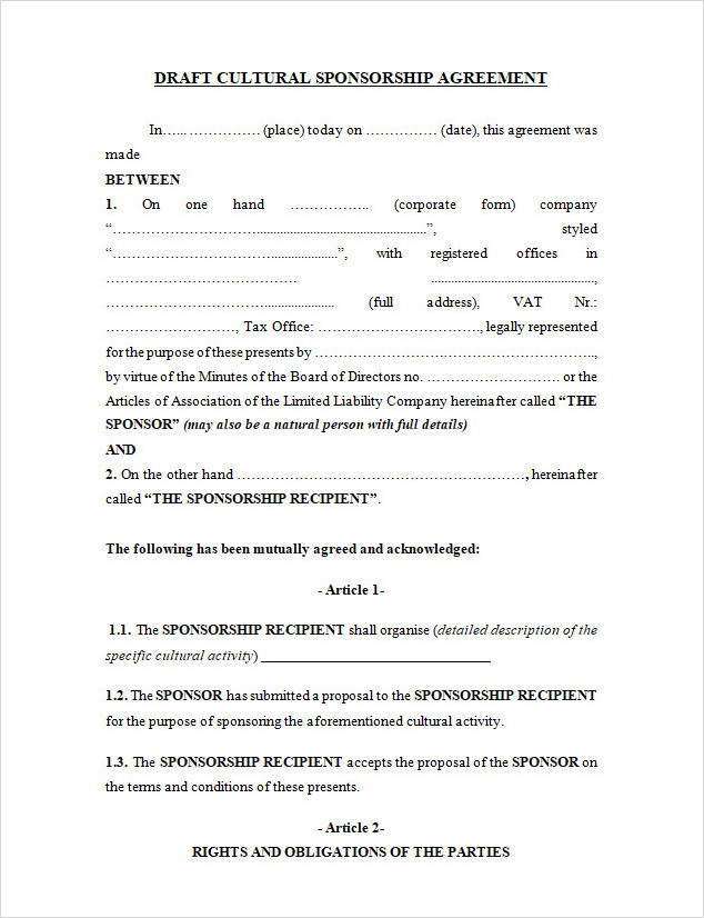 Cultural Sponsorship Agreement Template Word