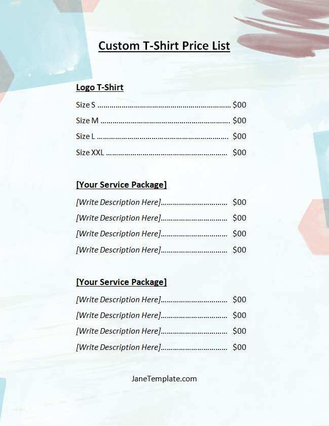 Detailed custom T-shirt price list template featuring sections for different styles, sizes, and prices.