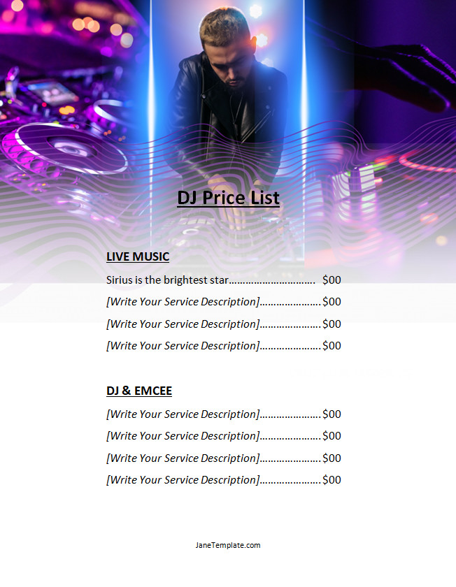 Professional DJ price list template featuring sections for different DJ packages.