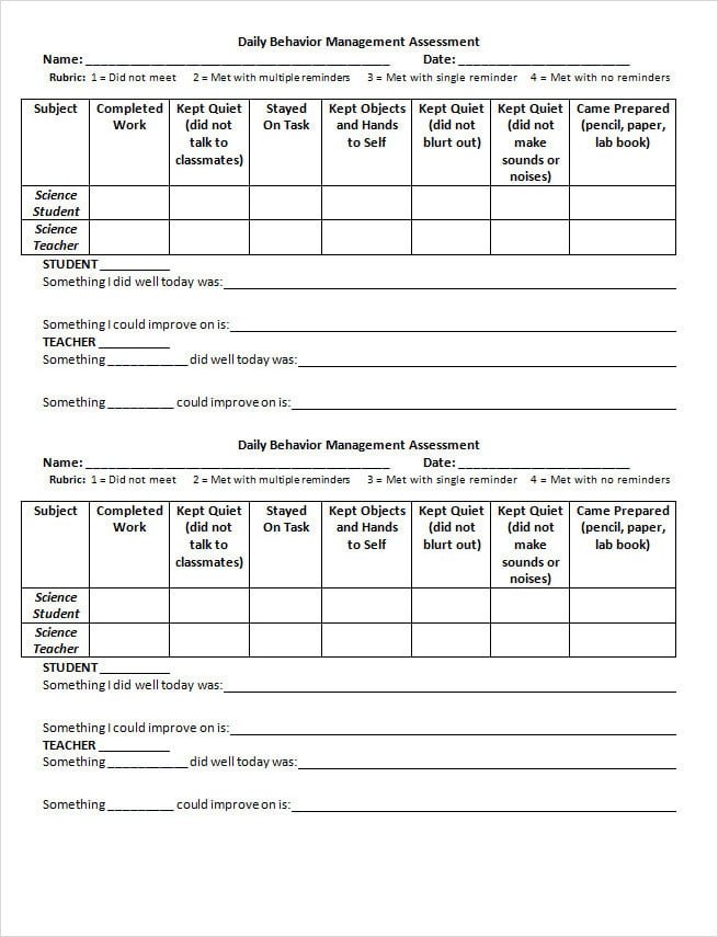 Daily Behavior Reflection Sheet