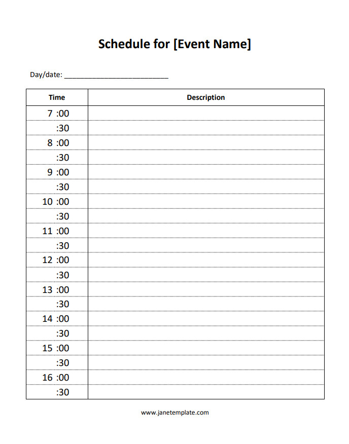 Detailed daily event schedule template featuring columns for event names, locations, event times, and descriptions.