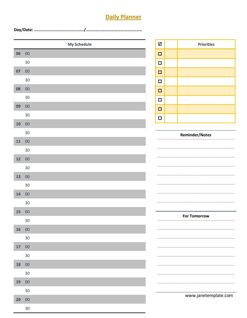 Daily planner template featuring hourly schedule, to-do list, and notes section