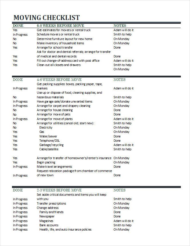 Day Before Moving Checklist Template Excel