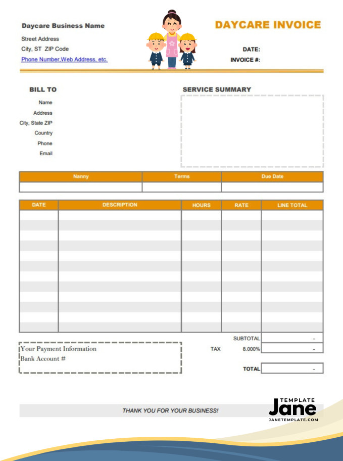 Sample of Blank Printable Daycare Invoice Template in PDF Format.