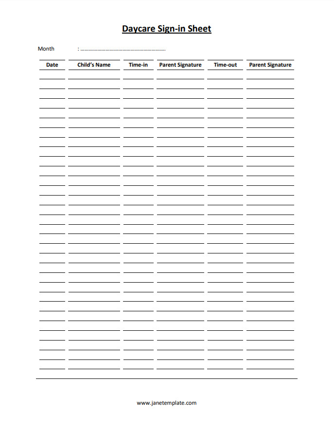 Daycare sign-in sheet template with fields for child names, drop-off and pick-up times, and parent signatures.