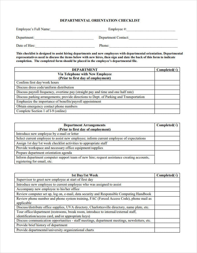 Departmental Orientation Checklist Template