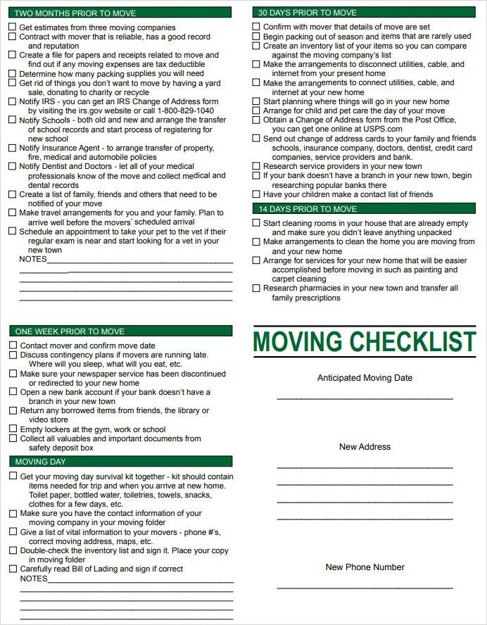 Detailed Moving Checklist Template