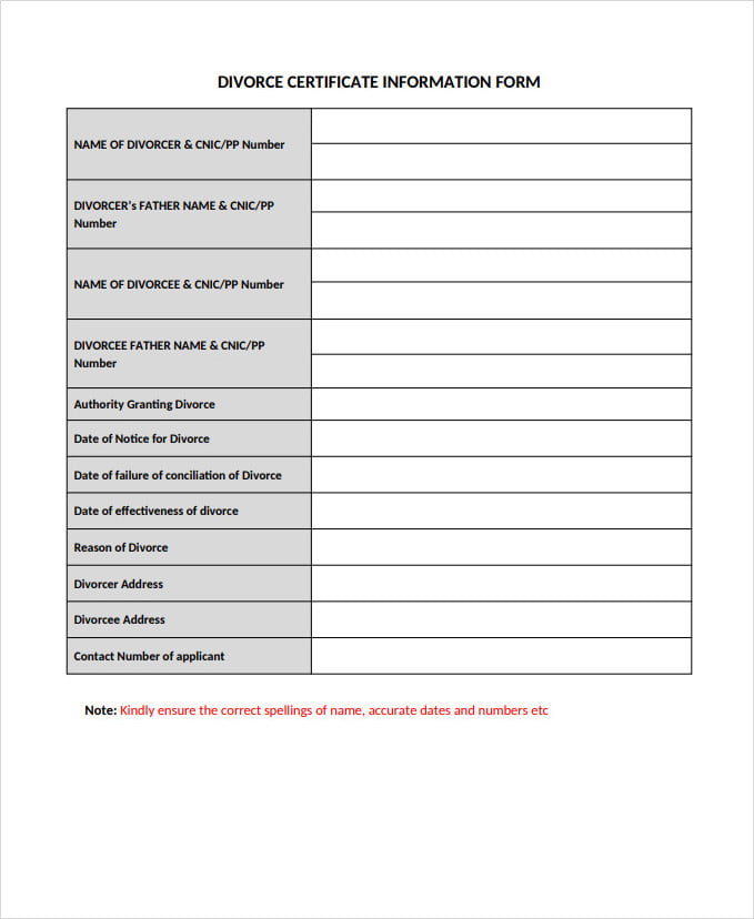 Divorce Certificate Information Form