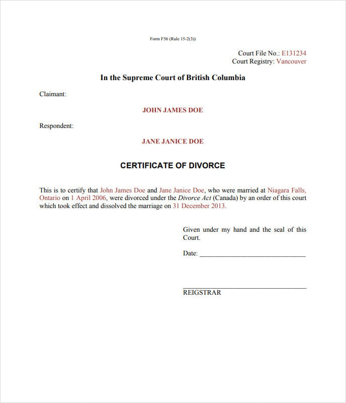 Divorce Certificate Template