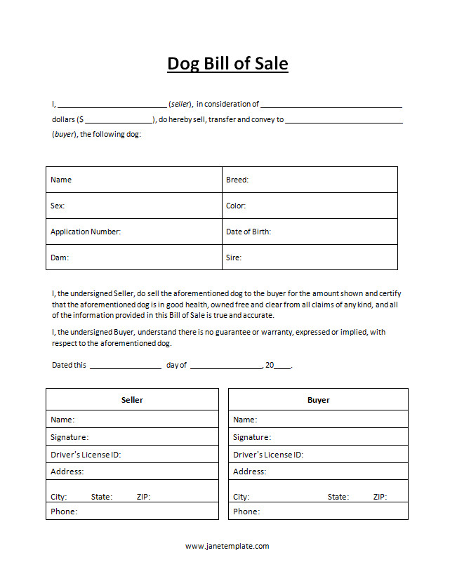 Formal Dog Bill of Sale Template with sections for buyer and seller information, dog details, and sale price