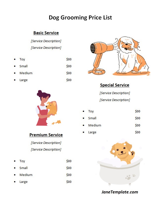 Detailed dog grooming price list template with categories for different dog sizes and grooming packages.