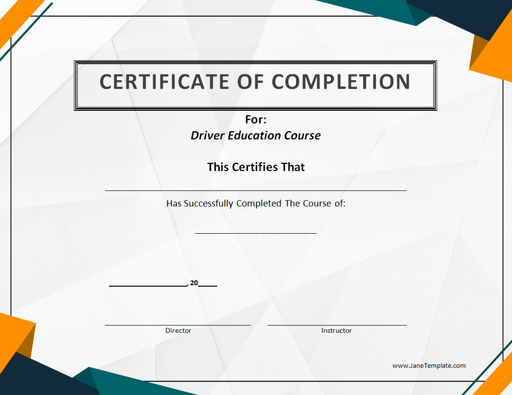 Printable Driver Education Completion Certificate Template with customizable fields for student name and completion date.