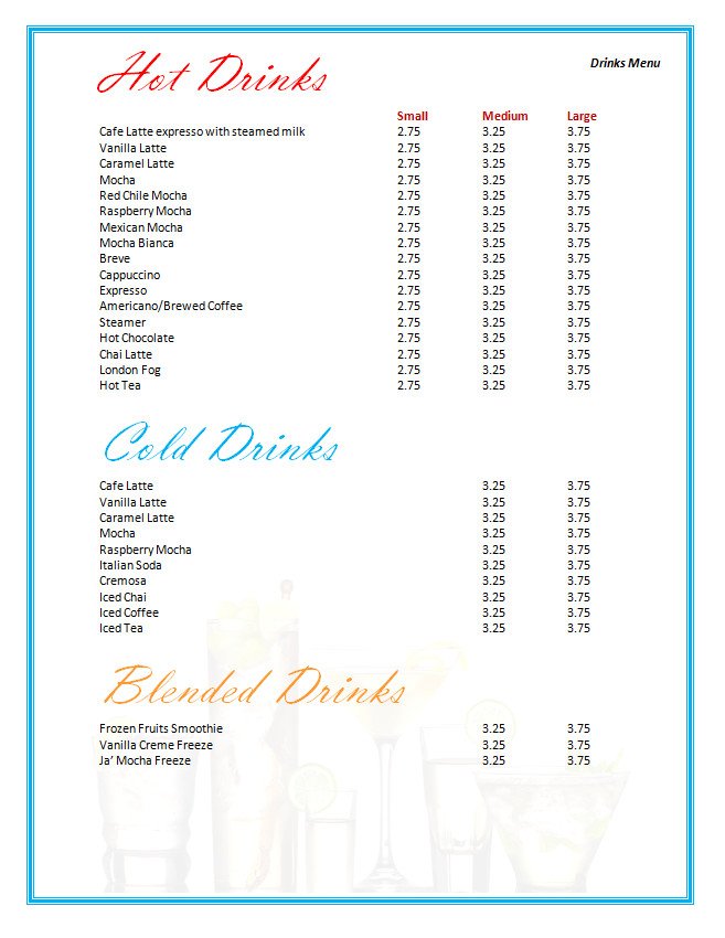 Editable Drink Menu Template Word