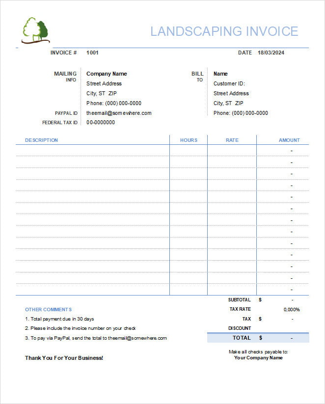 Editable Lawn Care Invoice Template Excel