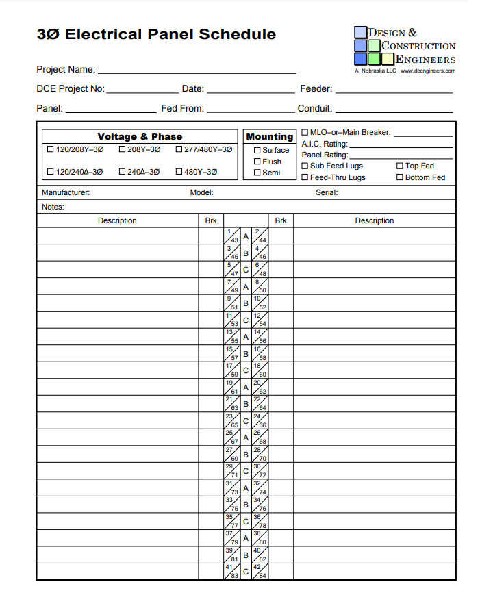 Electrical Panel Schedule Form