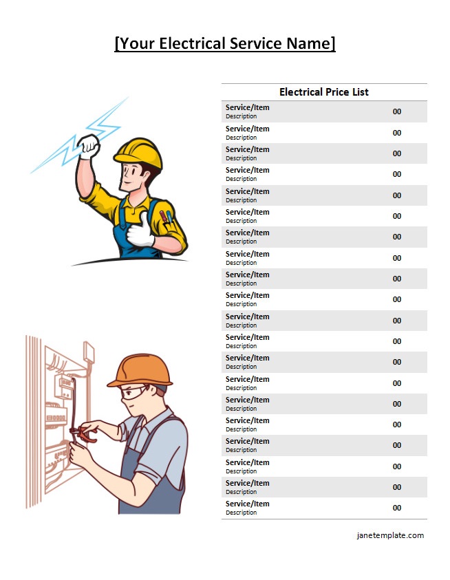 Comprehensive electrical price list template featuring sections for various electrical services.