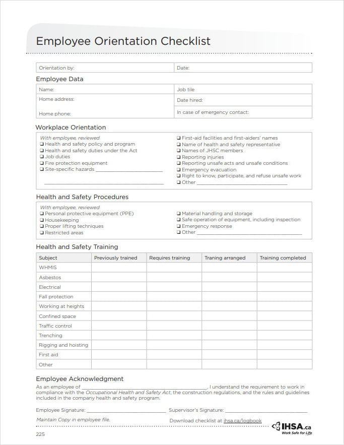 Printable Orientation Checklist Template